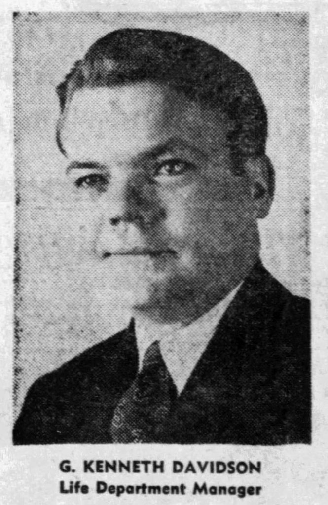 A black and white image of G. Kenneth Davidson, Life Department Manager for an insurance company, taken in 1948