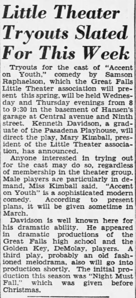 Article from Great Falls Tribune on February 17, 1942 highlighting Little Theater Tryouts Slated for the Week