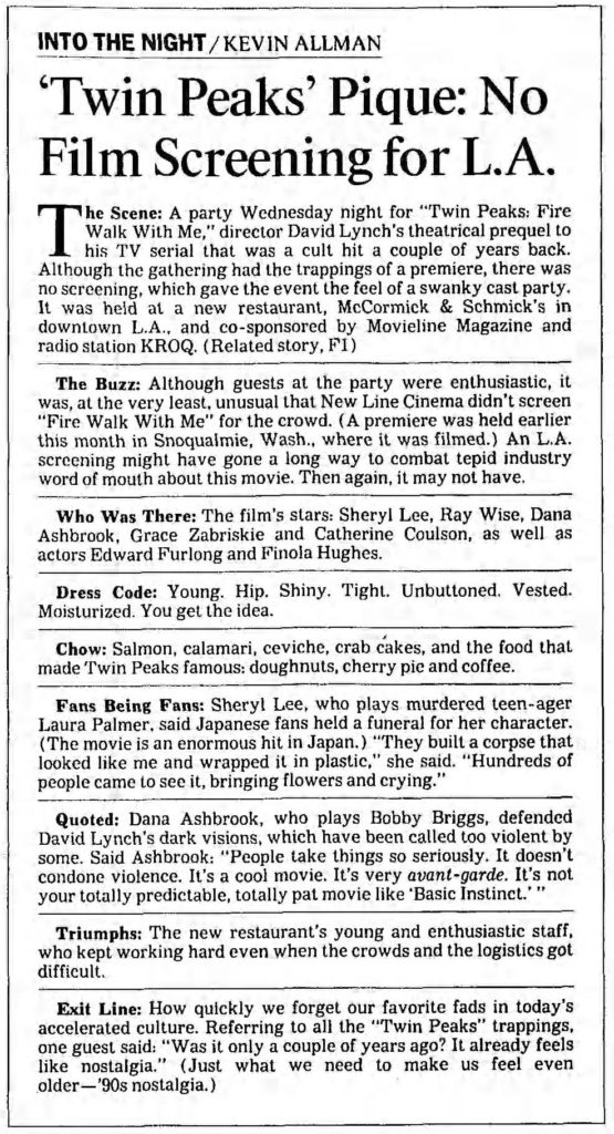 Los Angeles Times article form August 28, 1992 about party at McCormick & Schmick's in downtown Los Angeles