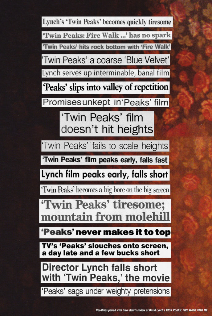 Image of newspaper headlines from Dave Kehr's review of Twin Peaks: Fire Walk With Me