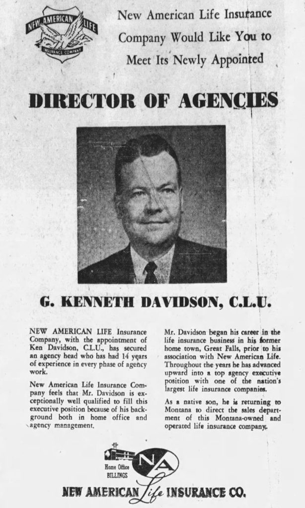 Black and White advertisement for New American Life Insurance Co. with a photo of G. Kenneth Davidson, Director of Agencies