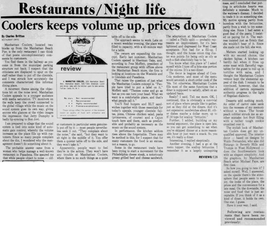 News Pilot, October 2, 1987 article that reviews Manhattan Coolers