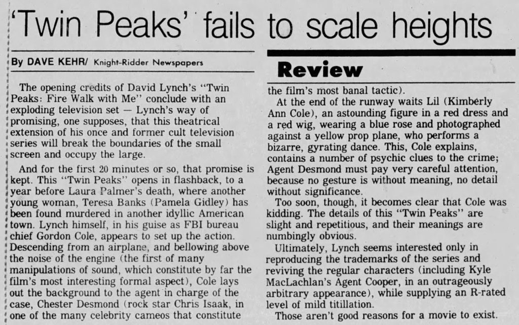 Press Enterprise, August 27, 1992 review of Twin Peaks: Fire Walk With Me by Dave Kehr