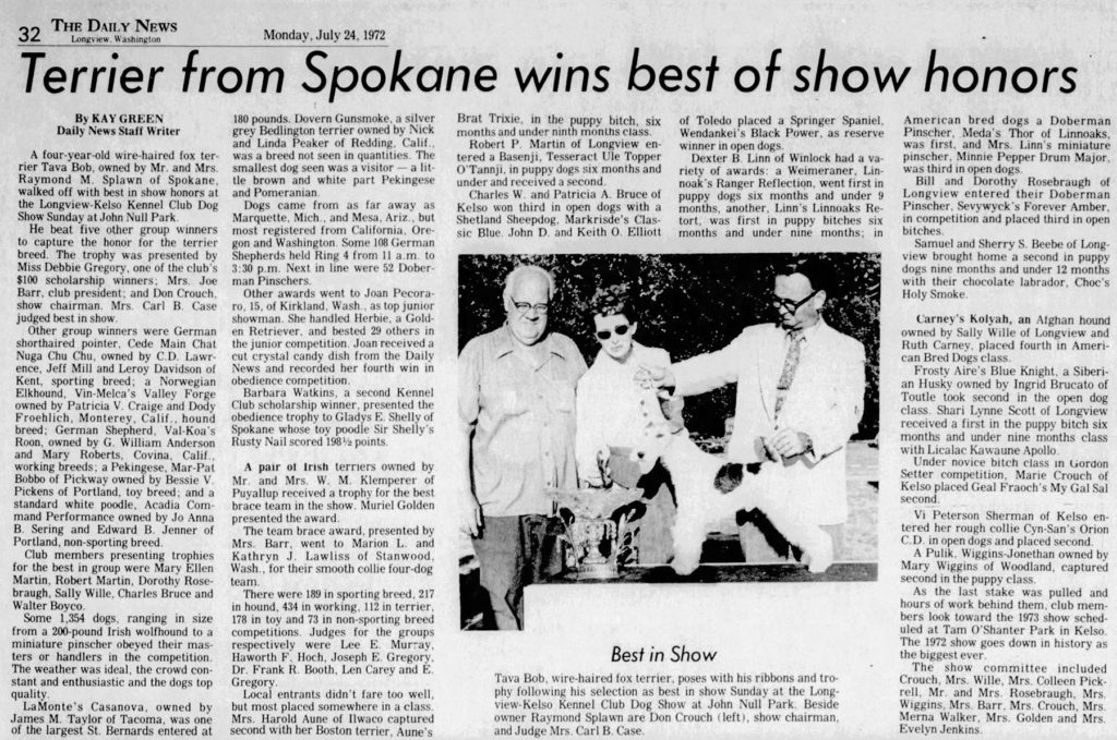 Longview Daily News, July 24, 1972 article about a Terrier from Spokane winning best of show honors at a dog competition.