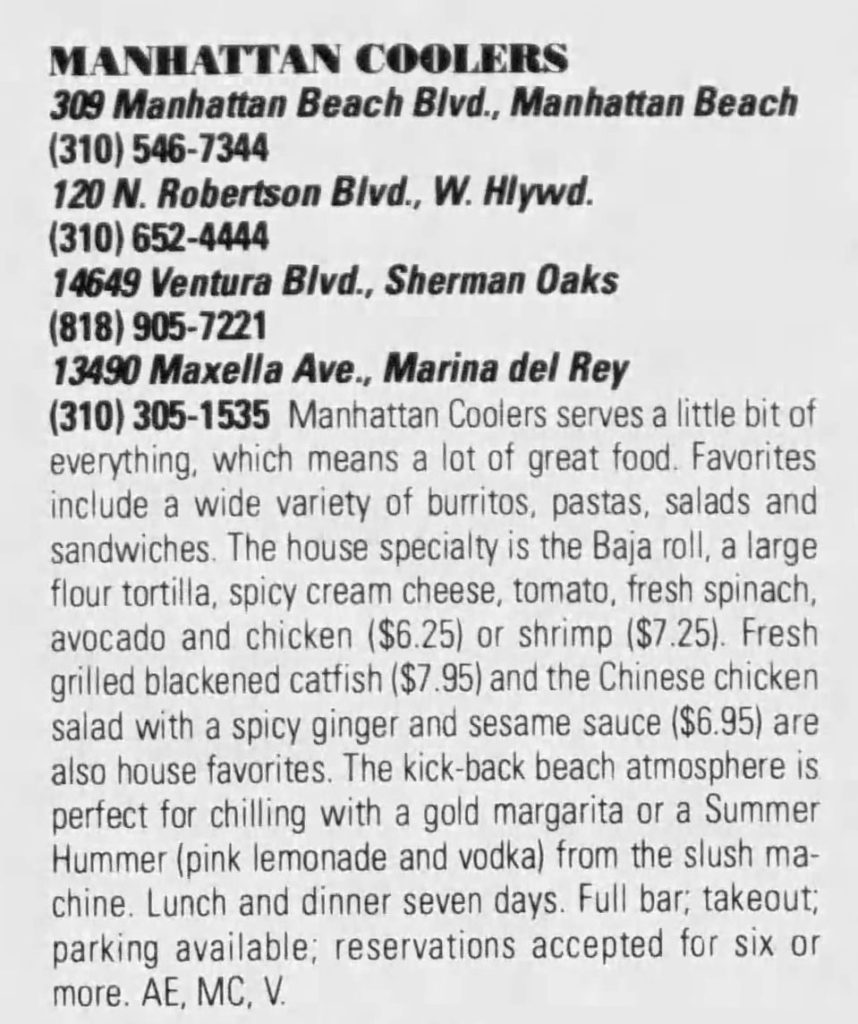 LA Weekly, February 13, 1992 review of Manhattan Coolers locations in Southern California