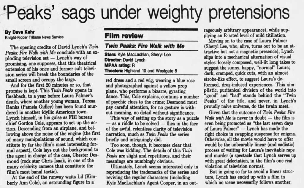 Austin American Statesman, August 28, 1992 review by Dave Kehr of Twin Peaks: Fire Walk With Me