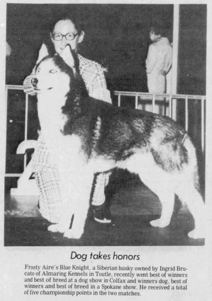 Longview Daily News, May 31, 1974 article with an image of Frosty Aire's Blue Knight Siberian Husky