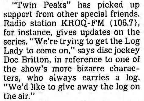 Article from Los Angeles Times, May 10, 1990 about KROQ's fascination with Twin Peaks