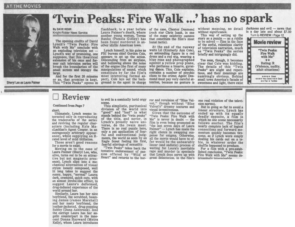 The Sheboygan Press, September 10, 1992 review of Twin Peaks: Fire Walk With Me by Dave Kehr