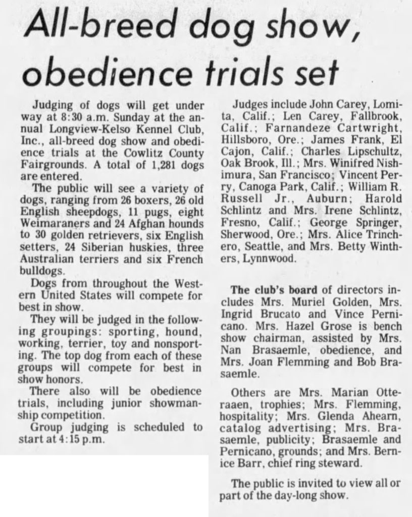 Longview Daily News, July 14, 1976 article about all-breed dog show.