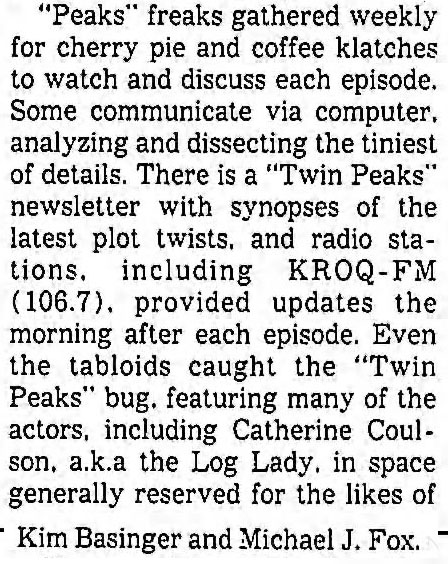 Los Angeles Times, July 29, 1990 article about KROQ-FM's fascination with Twin Peaks