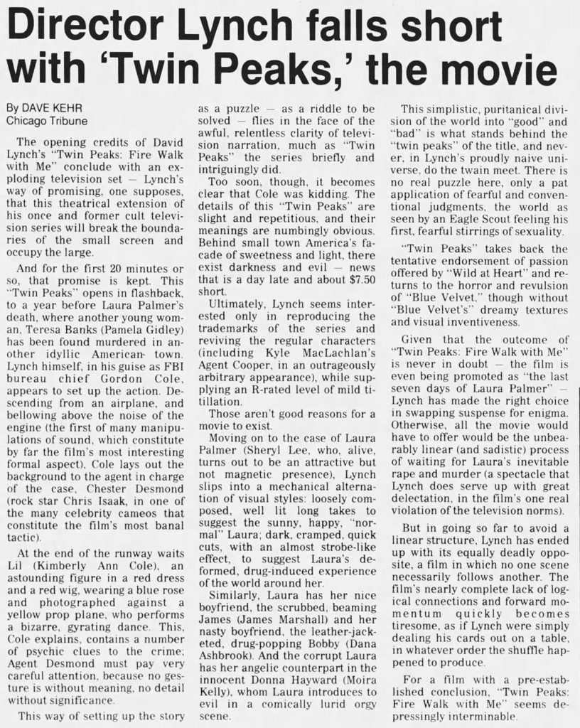 Newspaper review by Dave Kehr of Twin Peaks: Fire Walk With Me