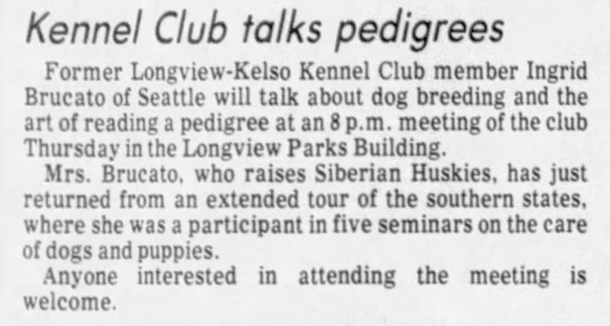 Longview Daily News, September 29, 1978 article about Kennel Club Talk discussing pedigrees