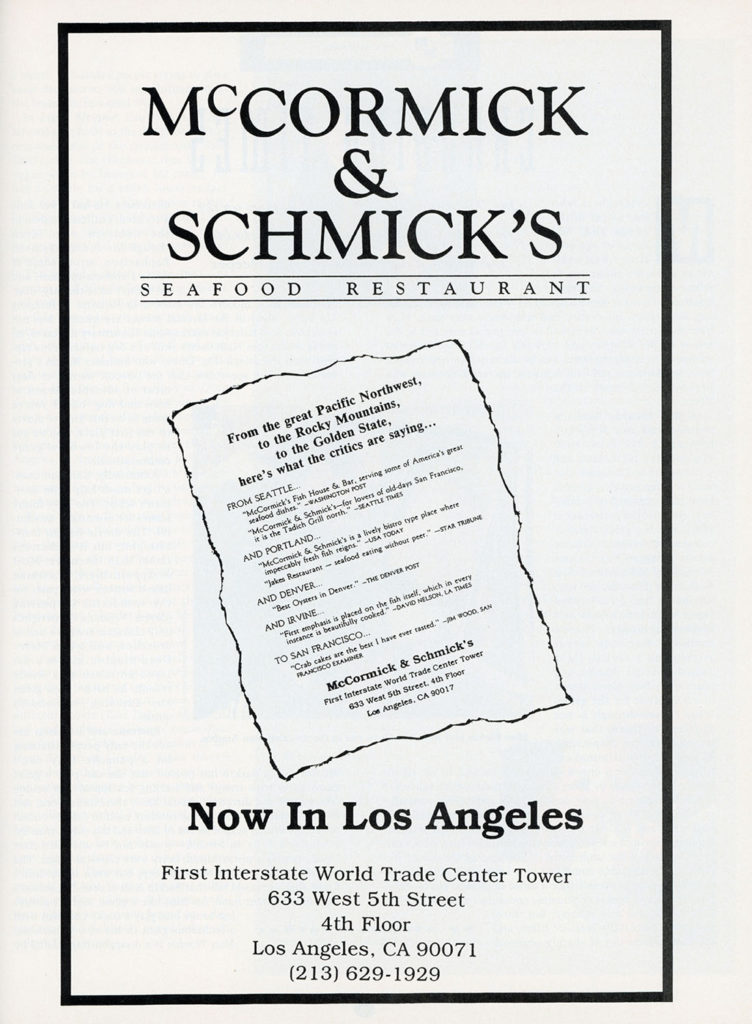 Movieline, September 1992, Page 27 Advertisement for McCormick & Schmick's Seafood Restaurant