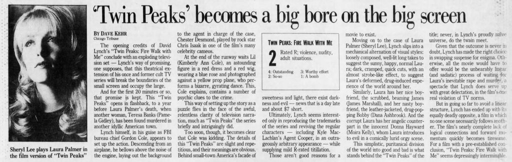 Newspaper review by Dave Kehr of Twin Peaks: Fire Walk With Me