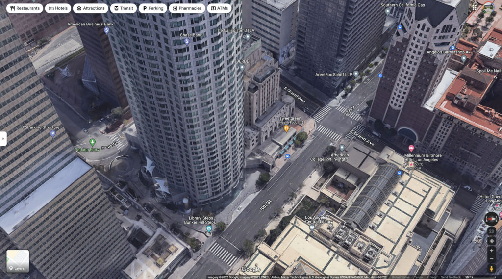 Google Maps aerial view of First Interstate World Trade Center Tower at 633 West 5th Street.