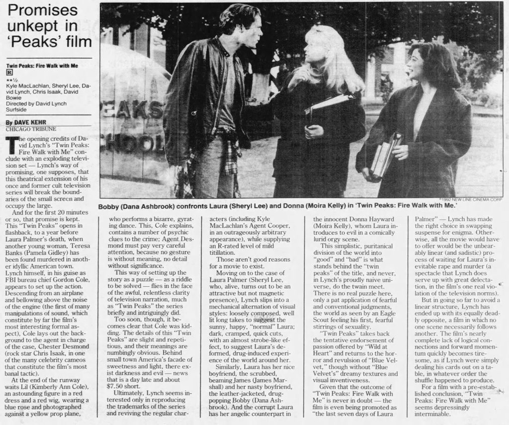 Newspaper review of Twin Peaks: Fire Walk With Me by Dave Kehr