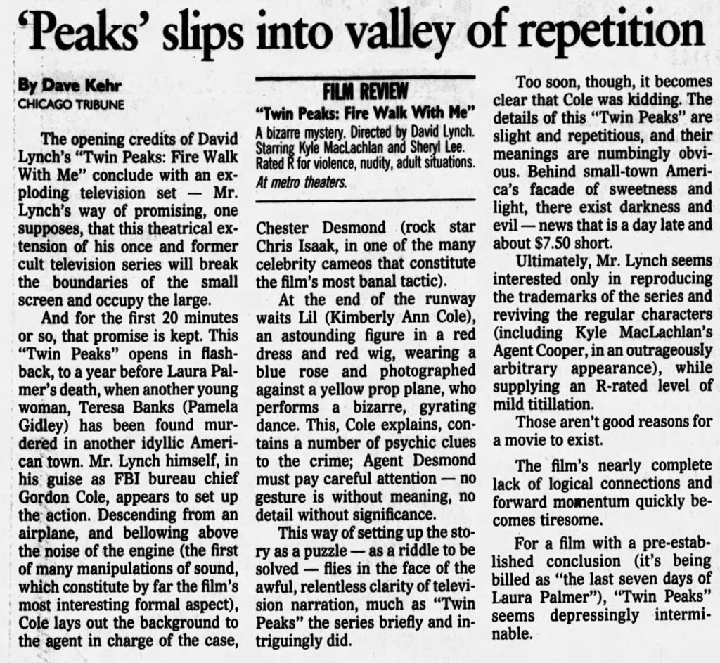 The Atlanta Constitution, August 28, 1992 review of Twin Peaks: Fire Walk With Me by Dave Kehr