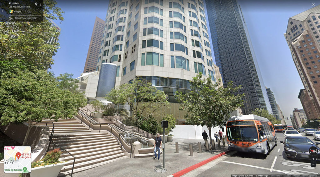 Google Maps street view image of First Interstate World Trade Center Tower in downtown Los Angeles, California