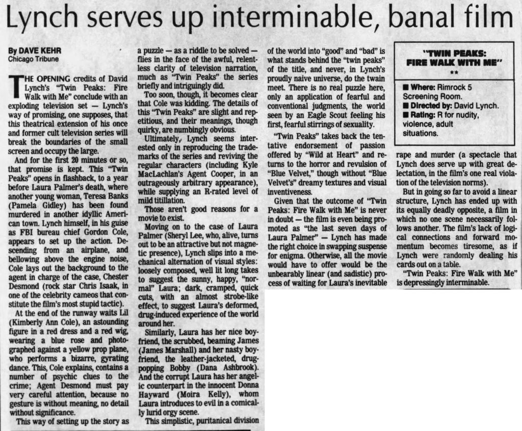 The Billings Gazette, August 28, 1992 review of Twin Peaks: Fire Walk With Me by Dave Kehr