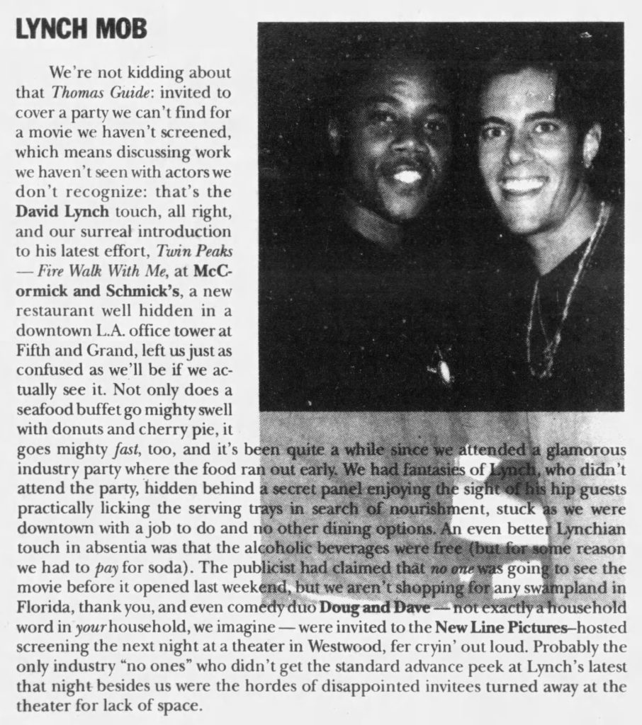 LA Weekly, September 10, 1992 article about the Twin Peaks Fire Walk With Me party with an image of Dana Ashbrook and Cuba Gooding, Jr.