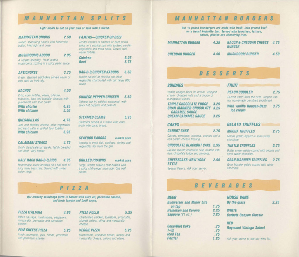 Color image of Manhattan Coolers Menu with specials