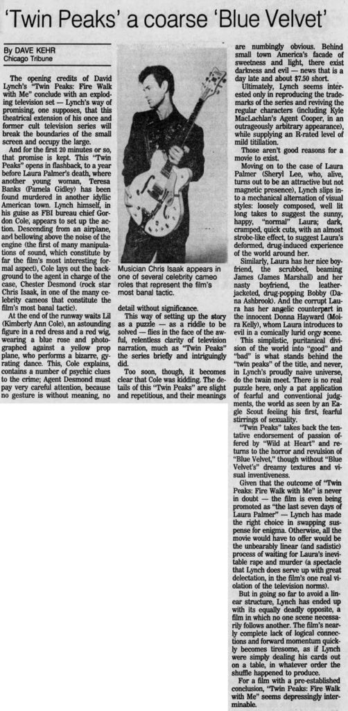 The Central New Jersey Home News, August 28, 1992 review by Dave Kehr of Twin Peaks: Fire Walk With Me which includes a photo of Chris Isaak holding a guitar.