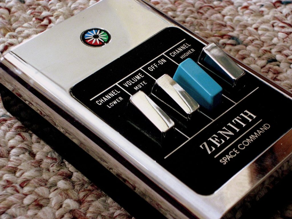 Close up shot of a silver wireless remote control from Zenith called the Space Command