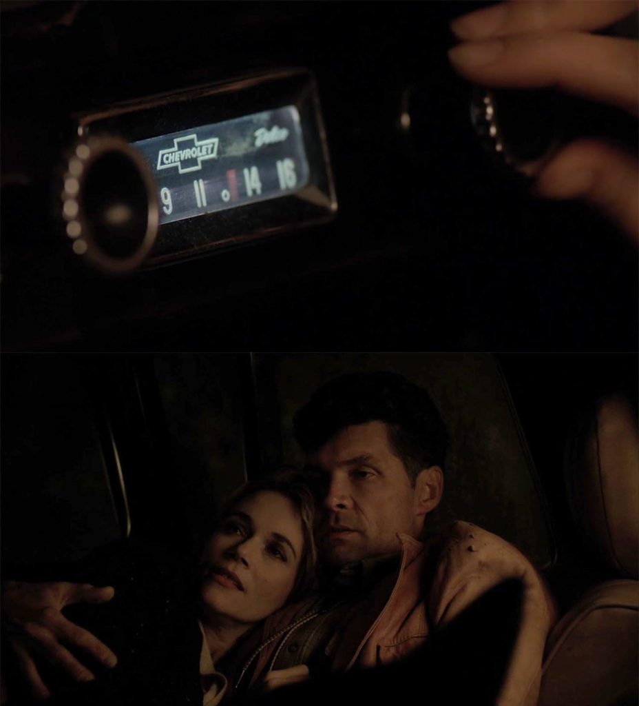 Top image is a close up of a radio dial. Bottom image is Norma Jennings (Peggy Lipton) and Ed (Everette McGill) listening to music while curled up together in Ed's truck