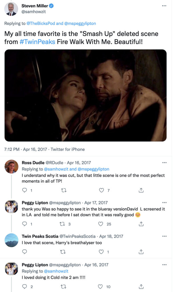 Thread of tweets about "Smash Up" scene from Twin Peaks: Fire Walk With Me. Ed and Norma are pictured together.