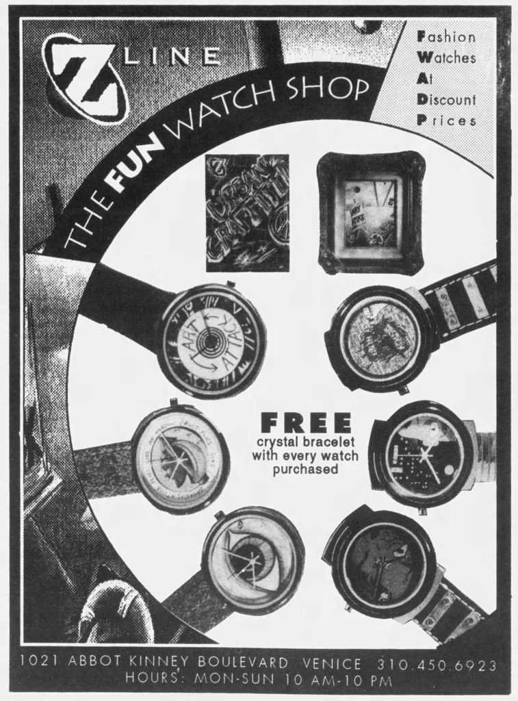 Black and white advertisement for Z Line Watch Shop which includes a circle image of watch faces