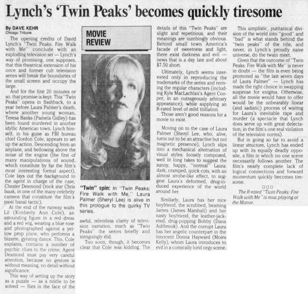 The Charlotte Observer, August 28, 1992 review by Dave Kehr of Twin Peaks: Fire Walk With Me