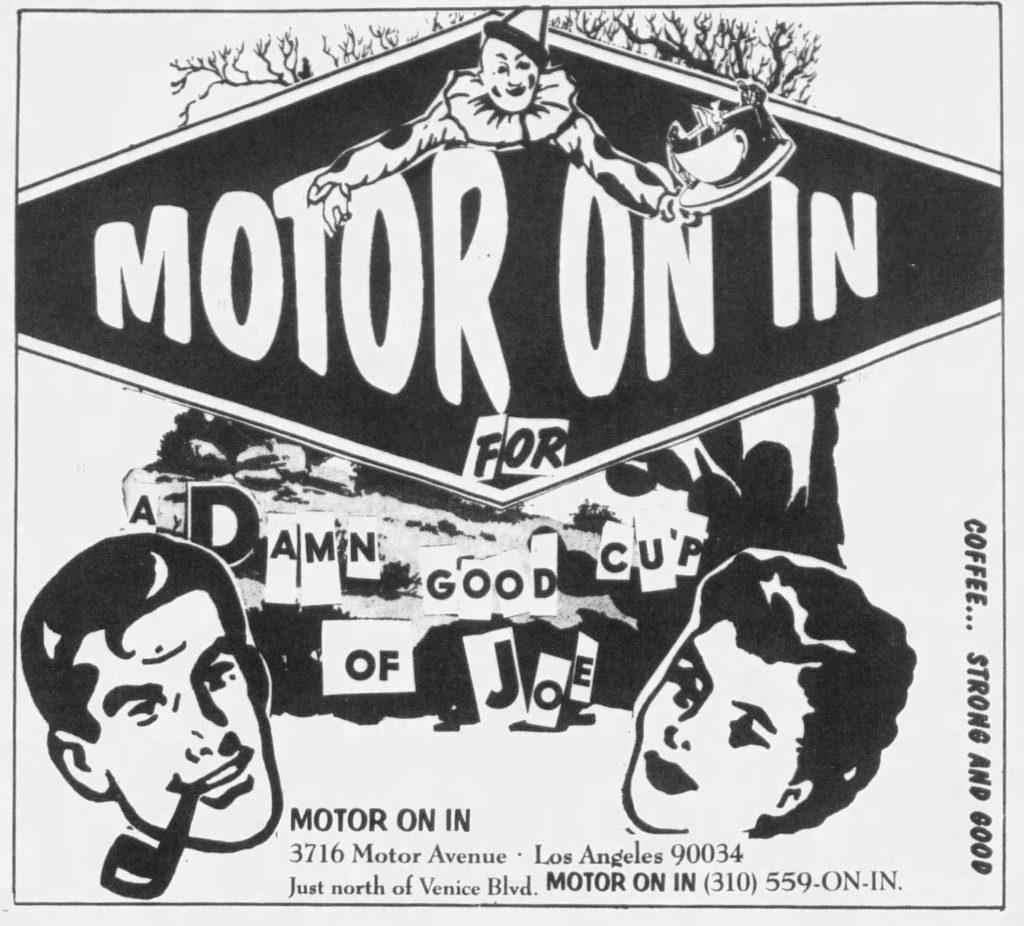 Black and white add for Motor On In with a stylized mid-century sign with clown and two floating heads of a man and a woman