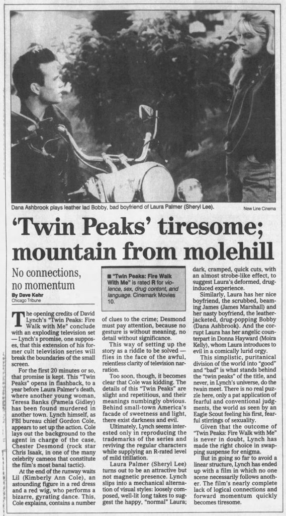 review by Dave Kehr of Twin Peaks: Fire Walk With Me in Daily Press on August 29, 1992