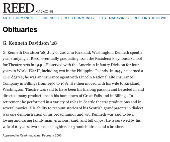 Obituary for G. Kenneth Davidson from Reed Magazine