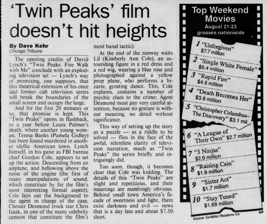 Southern Illinoisan, September 2, 1992 review of Twin Peaks: Fire Walk With Me along with a graphic of box office results