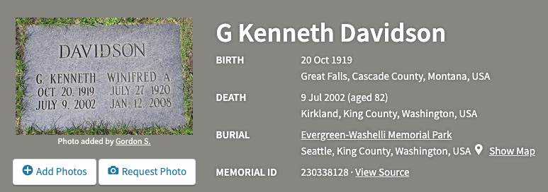 Image of a headstone for Davidson and details about G. Kenneth Davidson's burial from Find-A-Grave