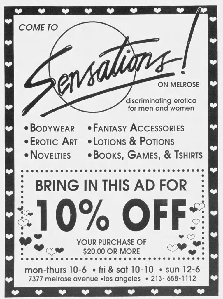 Black and white advertisement for Sensations on Melrose with a 10% off coupon