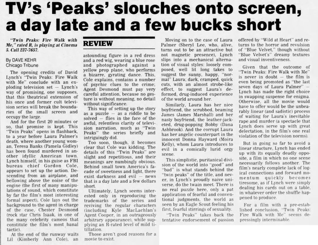 Centre Daily Times, September 11, 1992 review by Dave Kehr of Twin Peaks: Fire Walk With Me