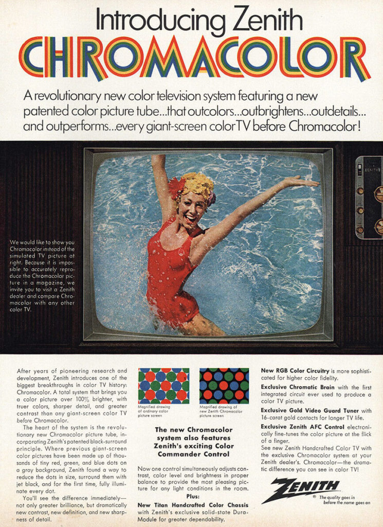 1969 Zenith Advertisement for Chromacolor Television with a woman in a red bathing suit leaping from water.