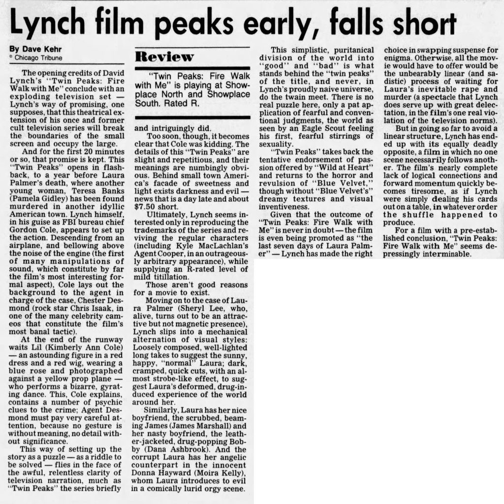 Evansville Press, September 17, 1992 review by Dave Kehr of Twin Peaks: Fire Walk With Me