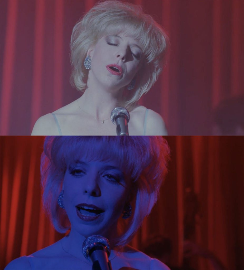 Julee Cruise singing in The Roadhouse. Top image is her bathed in White light while the bottom image has her shown in a blue hue