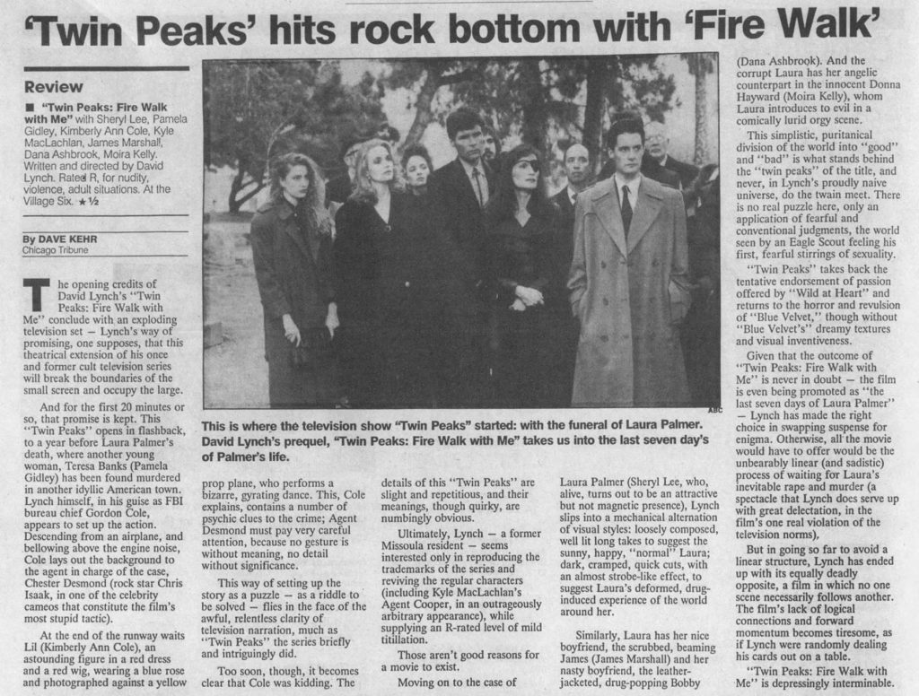 The Missoulian, September 18, 1992 review of Twin Peaks: Fire Walk With Me with an image of Laura Palmer's funeral from Episode 1003 of Season 1.