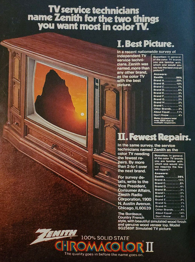 1973 Advertisement for Zenith Solid State Chromacolor II television sets