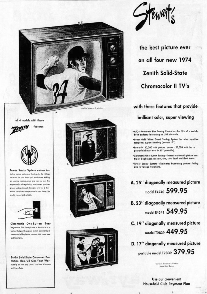Television advertisement from Stewart's printed in The Courier Journal, November 4, 1973. Four images of black and white televisions are stacked with details and pricing.