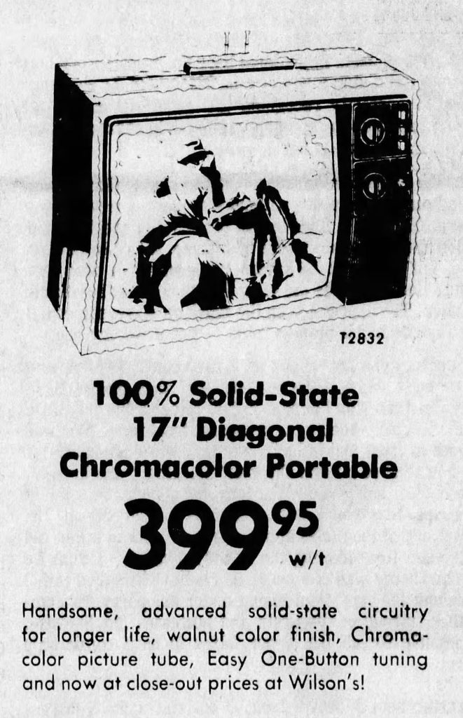 The Dispatch advertisement for Wilson's on October 24, 1974. It features a black and white drawing of a television with pricing details.