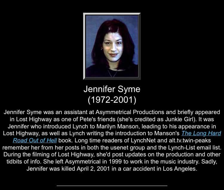 Obituary for Jennifer Syme written in white on a black background. Image includes a photo of her.