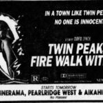 black and white print advertisements for Twin Peaks: Fire Walk With Me. Laura Palmer is pictured in a half heart necklace that is one fire. The title of the film is show in white lettering