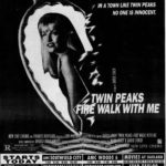 black and white print advertisements for Twin Peaks: Fire Walk With Me. Laura Palmer is pictured in a half heart necklace that is one fire. The title of the film is shown in white lettering