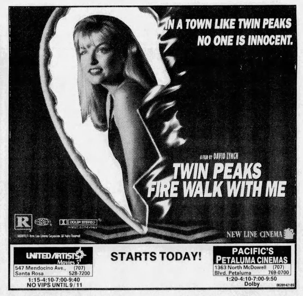 black and white print advertisements for Twin Peaks: Fire Walk With Me. Laura Palmer is pictured in a half heart necklace that is one fire. The title of the film is shown in white lettering